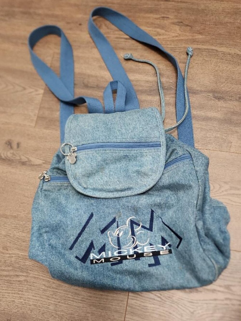 Vintage DISNEY Mickey Mouse Embroidered Blue Denim Backpack